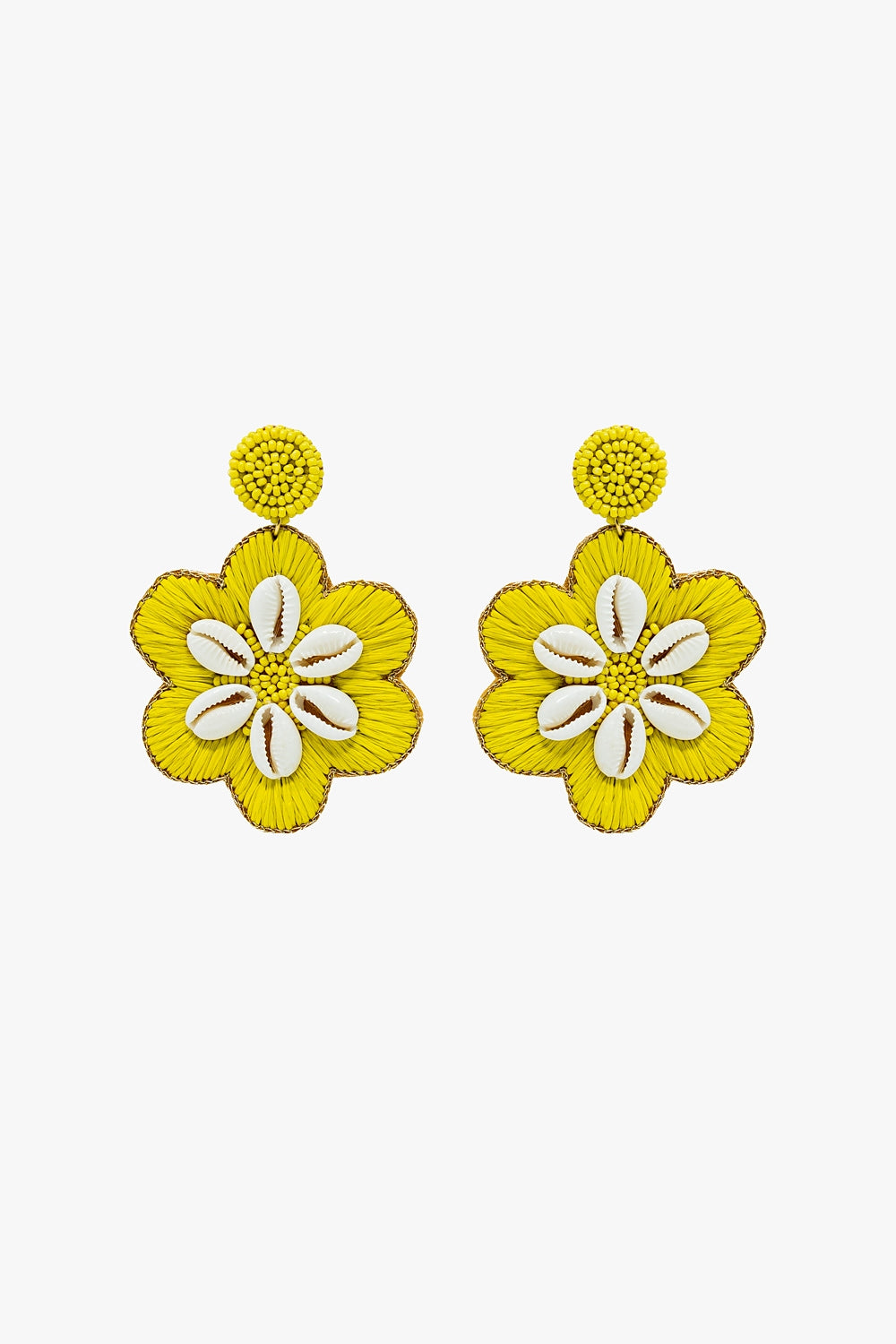 Q2 Maxi Embroidered Flower Rafia Earrings With Sea Shell Details in Lime