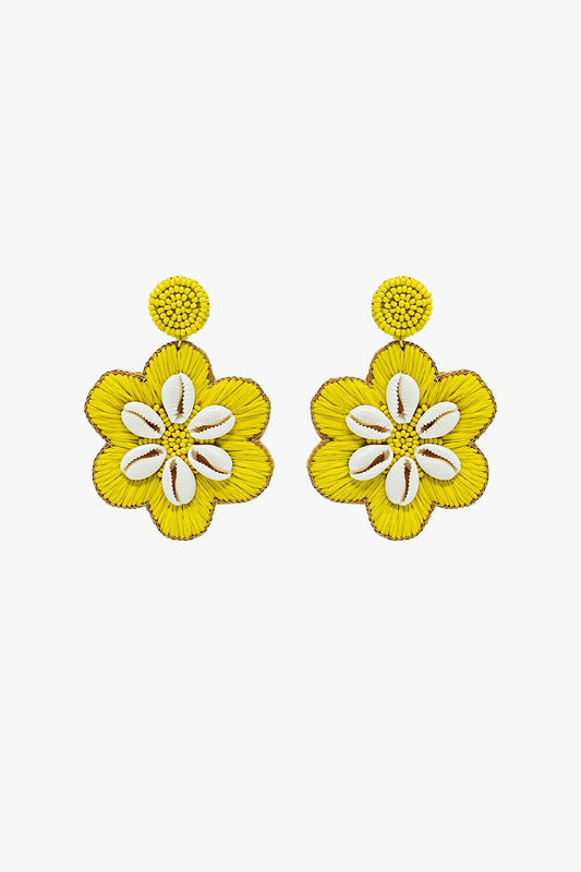 Q2 Maxi Embroidered Flower Rafia Earrings With Sea Shell Details in Lime