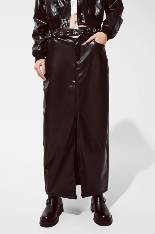 Maxi faux leather skirt with cut at the front | Just Cool Beans — skirts