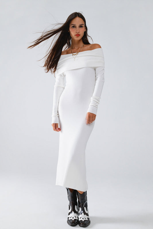 Maxi knitted foldover badot dress in white | Just Cool Beans — dresses