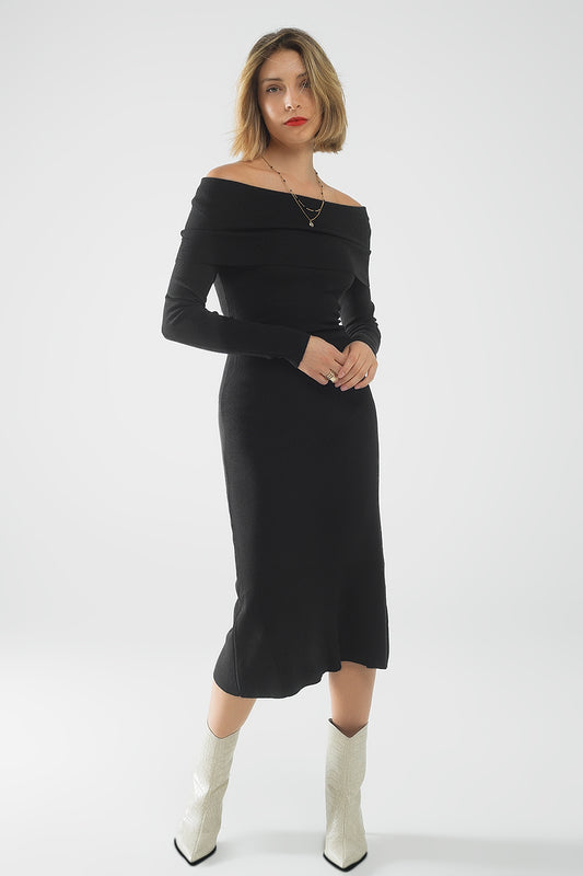Maxi knitted wide bardot dress in black | Just Cool Beans — dresses