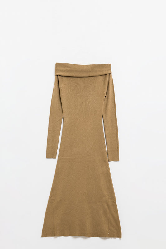Maxi knitted wide bardot dress in camel | Just Cool Beans — dresses