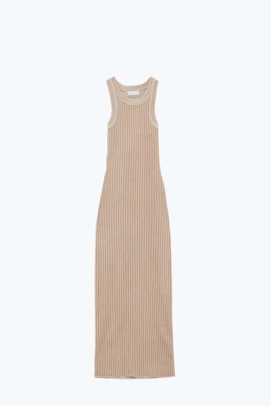 Maxi sleeveless halter bodycon ribbed dress in beige | Just Cool Beans — dresses