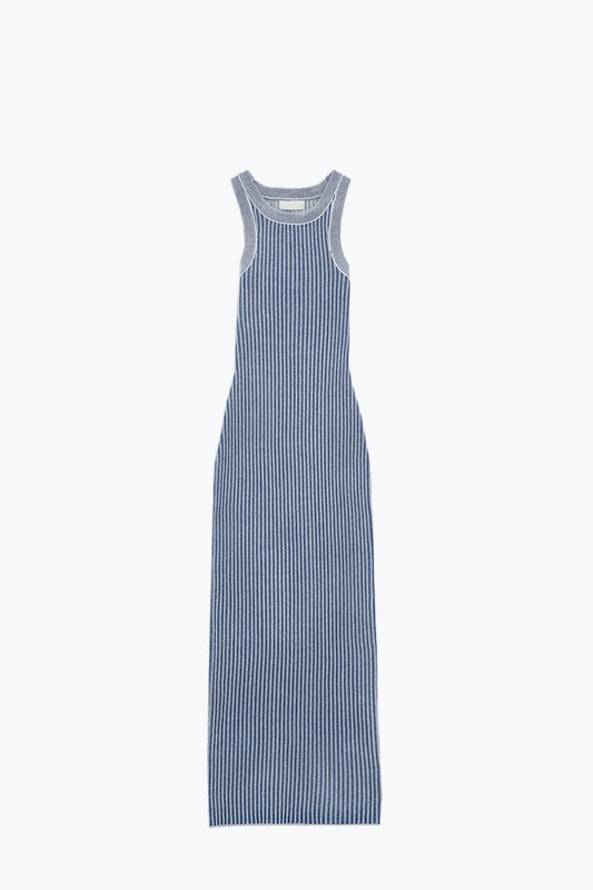 Maxi sleeveless halter bodycon ribbed dress in blue | Just Cool Beans — dresses