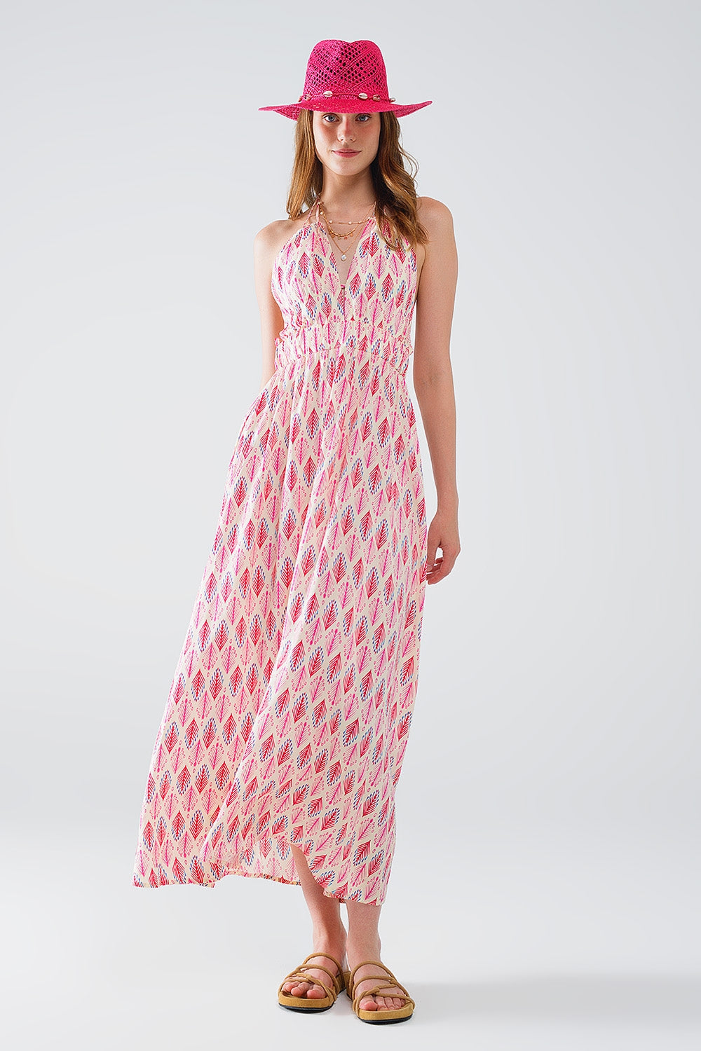 Maxi summer dress with feather print and open back in pink | Just Cool Beans — dresses