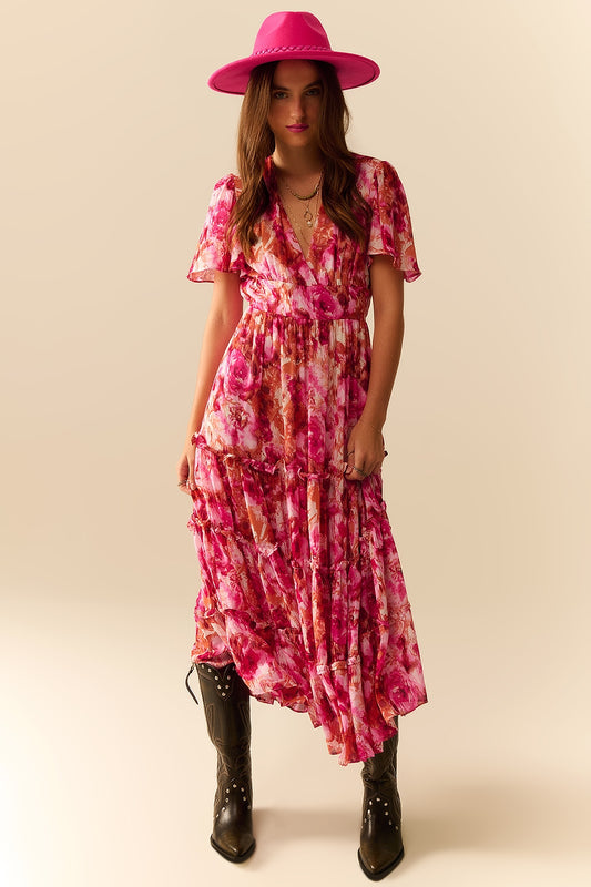Maxi tiered romantic dress with chiffon floral print in pink | Just Cool Beans — dresses