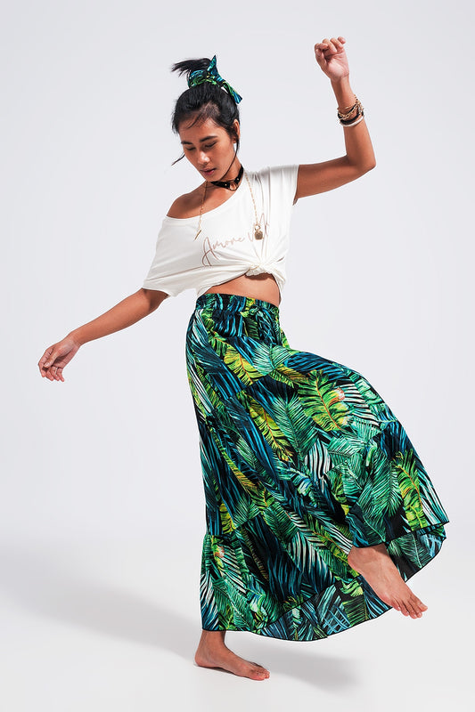 Maxi tiered skirt in green tropical print | Just Cool Beans — skirts