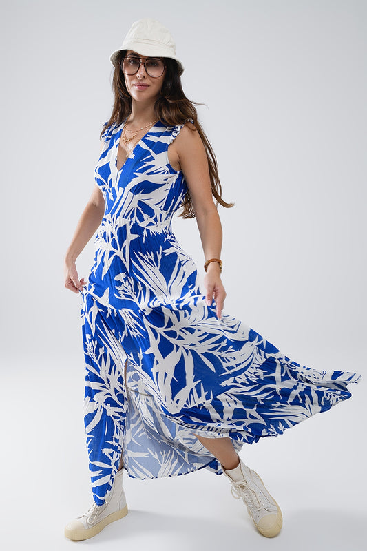 Maxi tropical print v-neck dress with slit in blue | Just Cool Beans — dresses