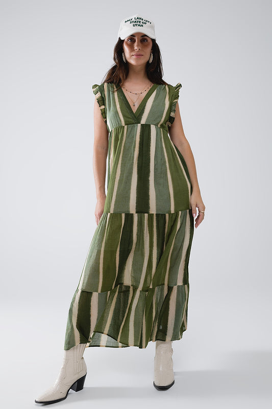 Maxi v-neck dress with tiered skirt in striped tie-dye green | Just Cool Beans — dresses