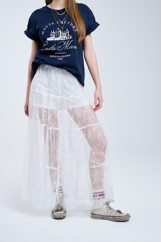 Maxi white lace skirt with a floral print | Just Cool Beans — skirts