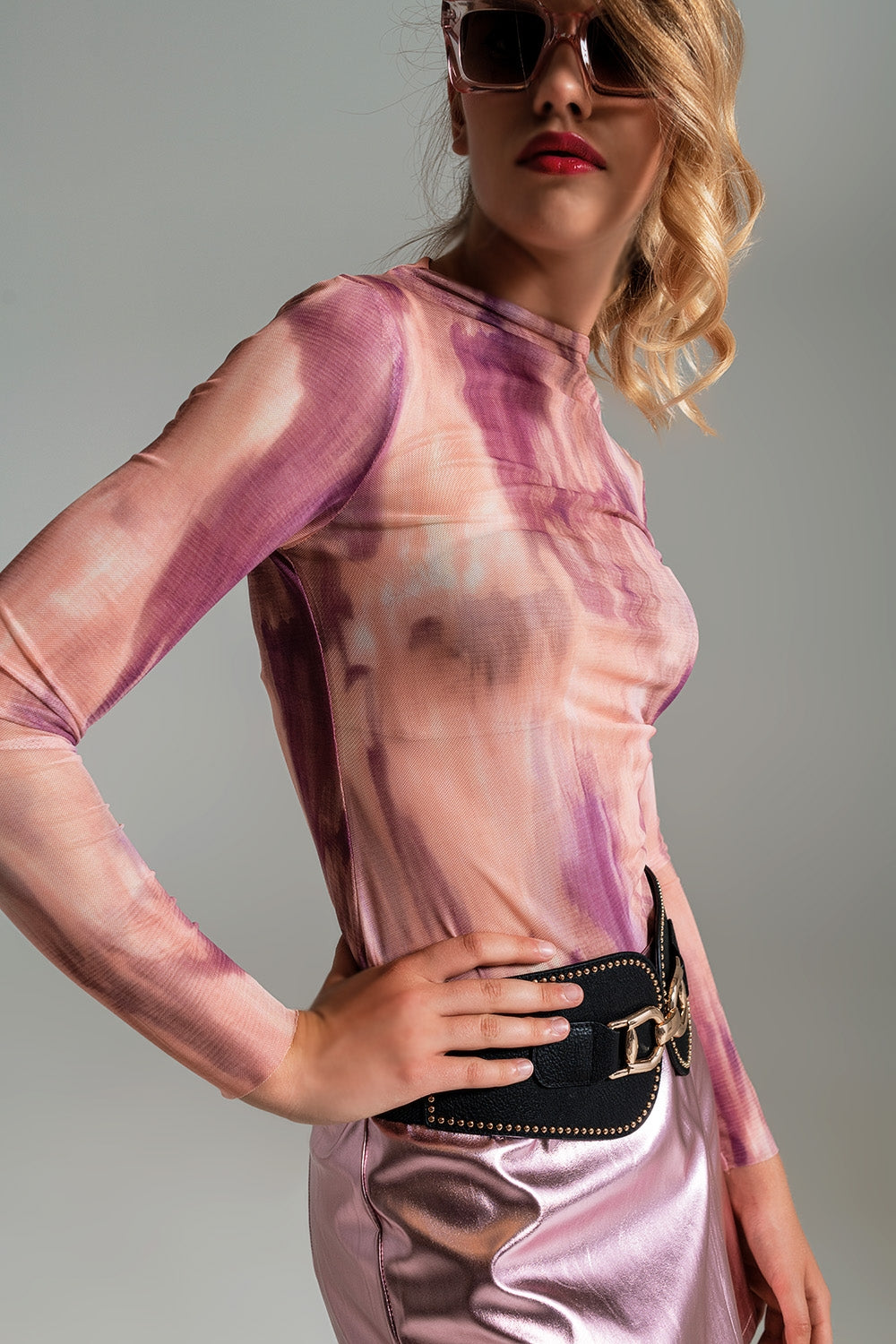 Mesh top rouched at the side in abstract pink print | Just Cool Beans — tops