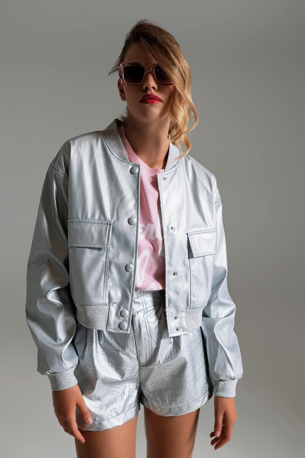 Metallic bomber jacket with front pockets in silver | Just Cool Beans — coats and jackets | jackets