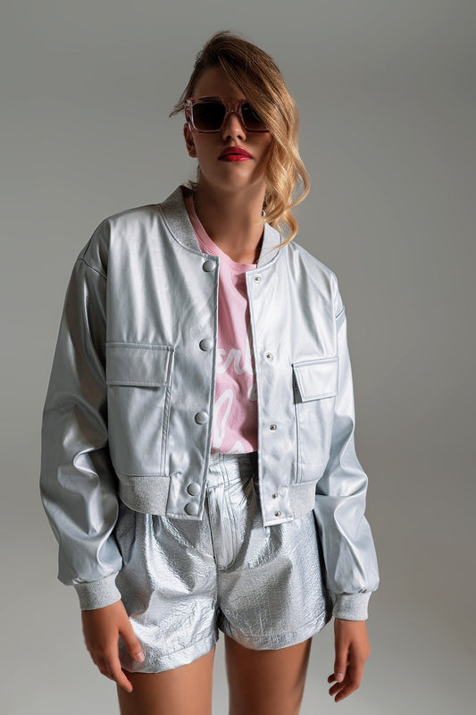Metallic bomber jacket with front pockets in silver | Just Cool Beans — coats and jackets | jackets