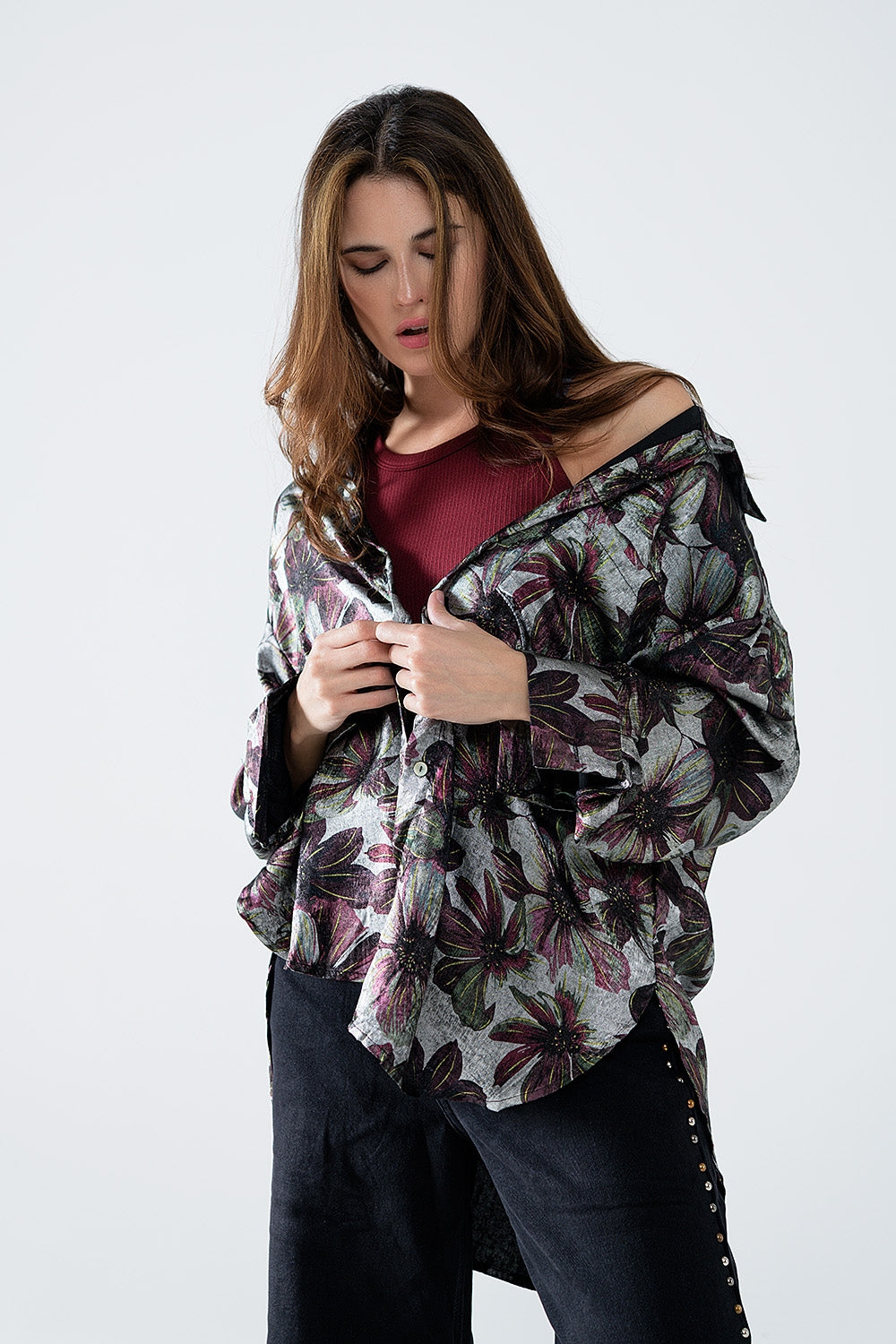 Metallic effect flower print shirt | Just Cool Beans — shirts | nan
