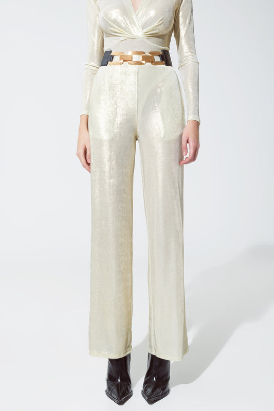 Metallic finish flared legging in pearl white. | Just Cool Beans — pants | bottoms