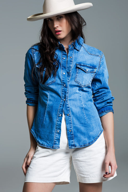 Mid wash denim shirt  with chest pockets and press buttons | Just Cool Beans — shirts | the denim shop