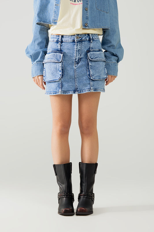Mid wash mini skirt with cargo pockets | Just Cool Beans — skirts