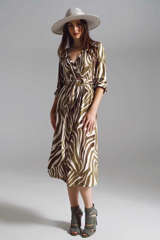 Midi belted wrap dress in olive green and cream zebra print | Just Cool Beans — dresses