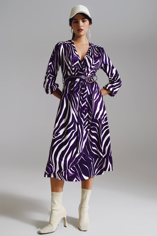 Midi belted wrap dress in purple and cream zebra print | Just Cool Beans — dresses