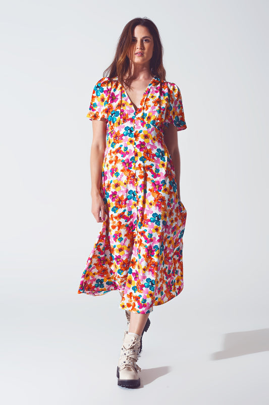 Midi cinched in wist dress in multicolot floral print | Just Cool Beans — dresses
