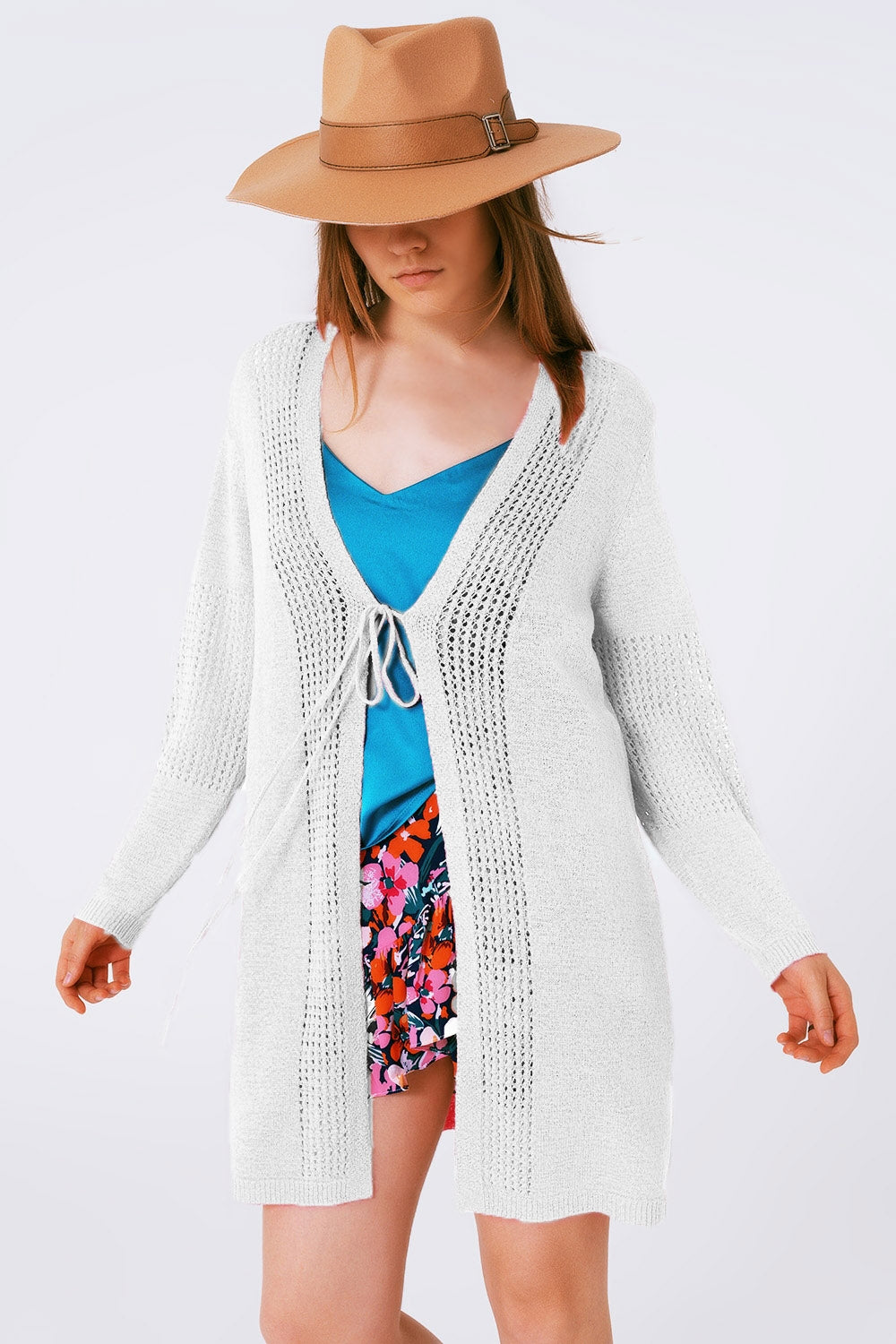 Midi crochet drawstring cardigan in white | Just Cool Beans — sweaters | tops