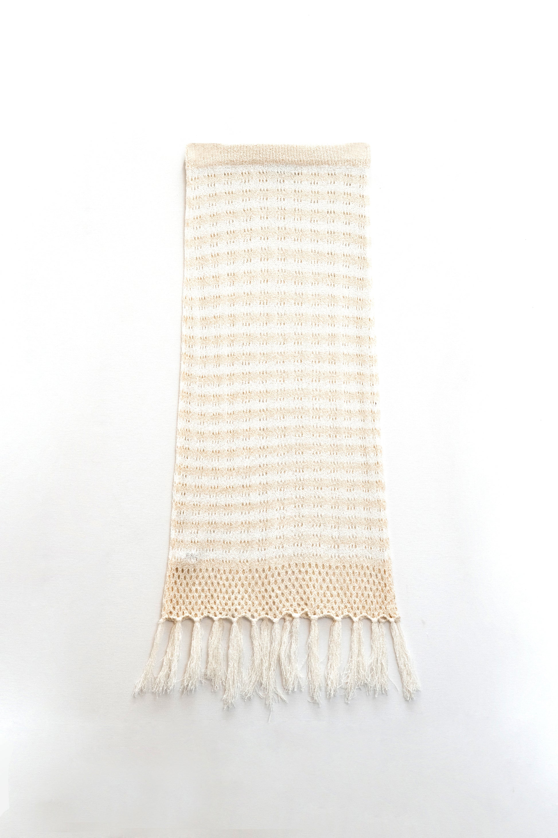 Midi crochet white skirt with beige stripes and fringe hem | Just Cool Beans — skirts