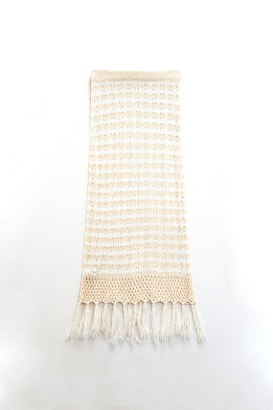 Midi crochet white skirt with beige stripes and fringe hem | Just Cool Beans — skirts