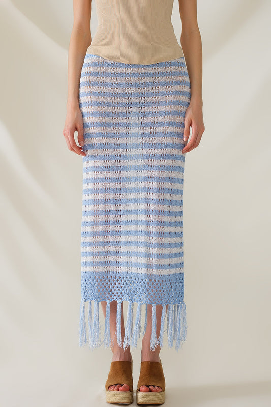 Midi crochet white skirt with blue stripes and fringe hem | Just Cool Beans — skirts