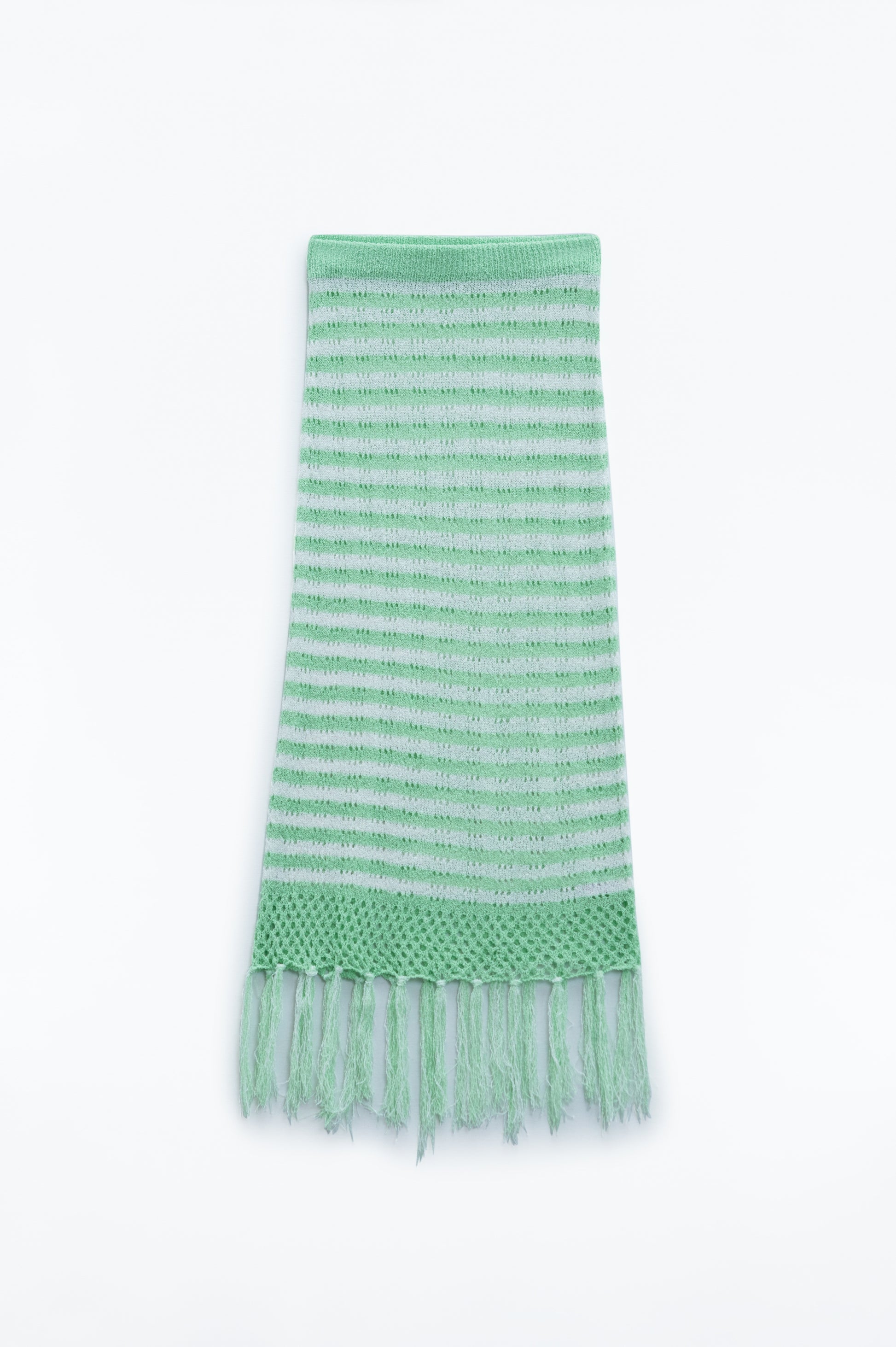 Midi crochet white skirt with green stripes and fringe hem | Just Cool Beans — skirts