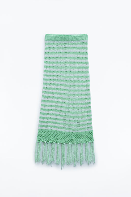 Midi crochet white skirt with green stripes and fringe hem | Just Cool Beans — skirts