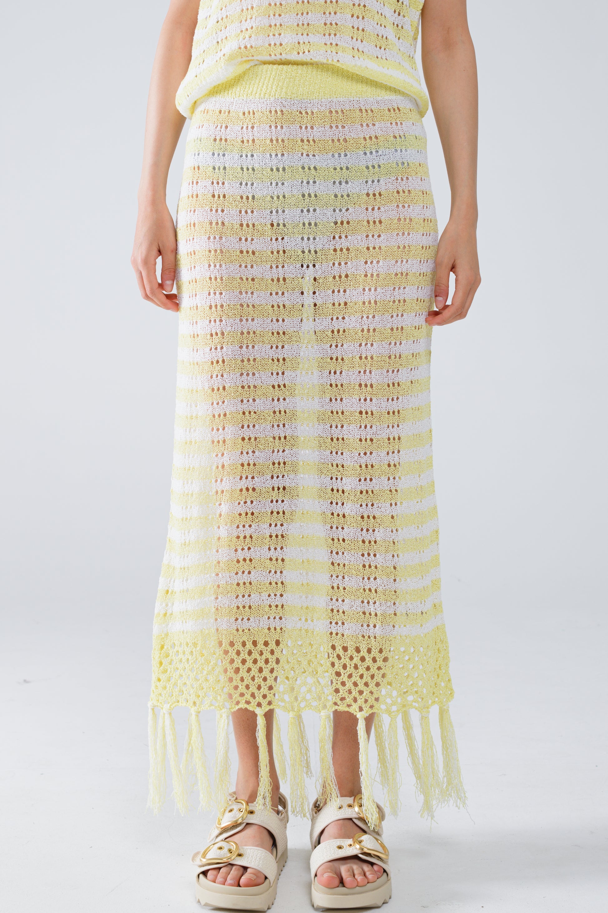 Midi crochet white skirt with yellow stripes and fringe hem | Just Cool Beans — skirts