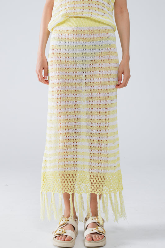 Midi crochet white skirt with yellow stripes and fringe hem | Just Cool Beans — skirts