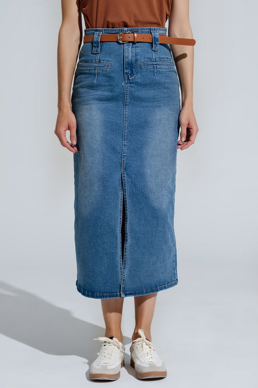 Midi denim skirt in blue with front split | Just Cool Beans — skirts