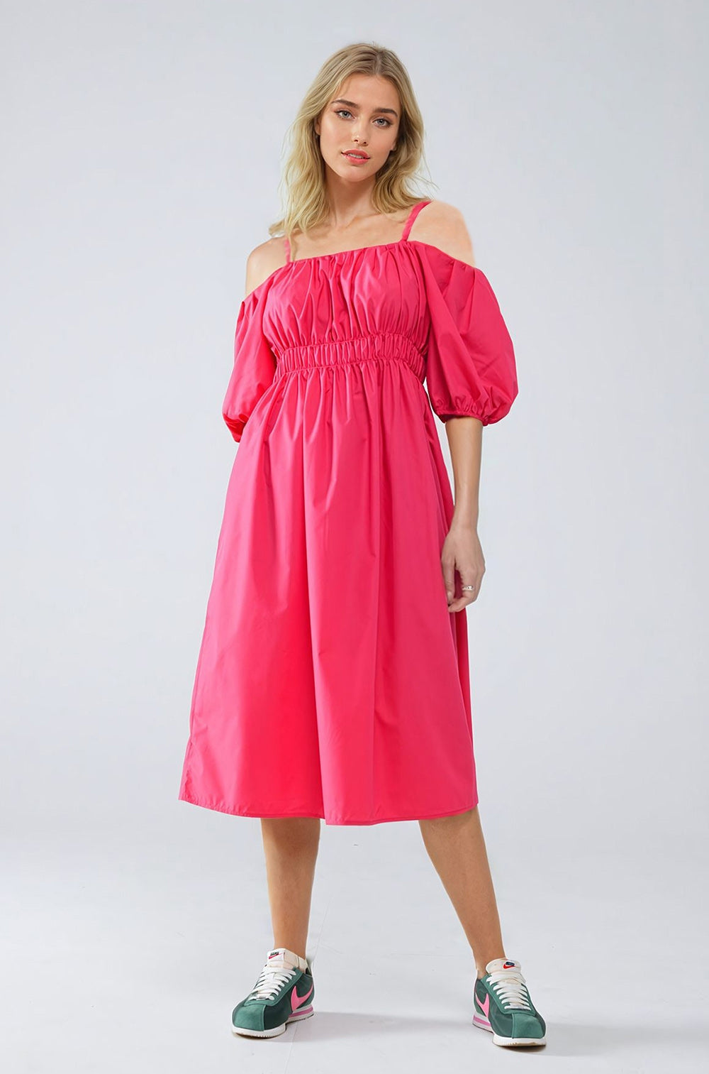 Midi fuchsia dress with short sleeves and straps | Just Cool Beans — dresses | bottoms