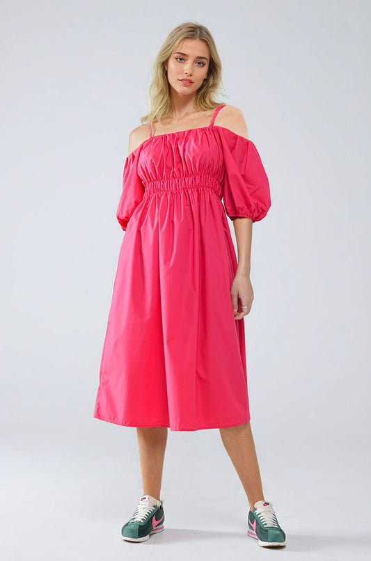 Midi fuchsia dress with short sleeves and straps | Just Cool Beans — dresses | bottoms