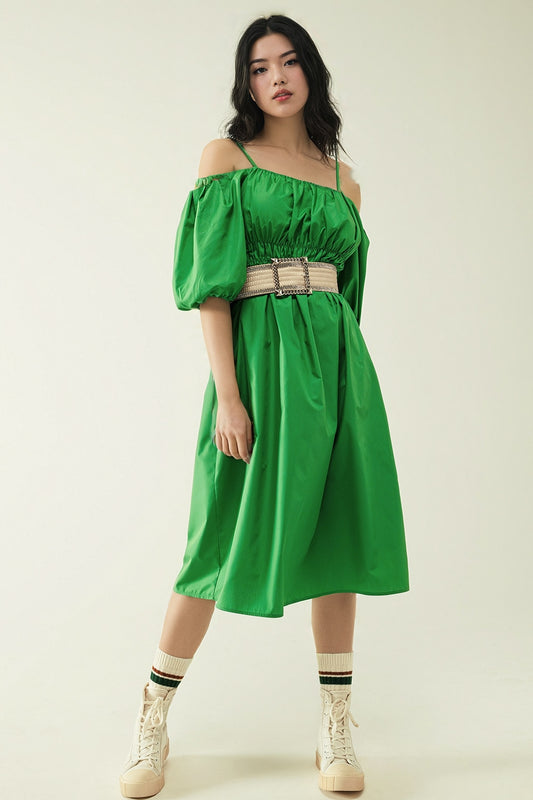 Midi green dress with short sleeves and straps | Just Cool Beans — dresses | bottoms