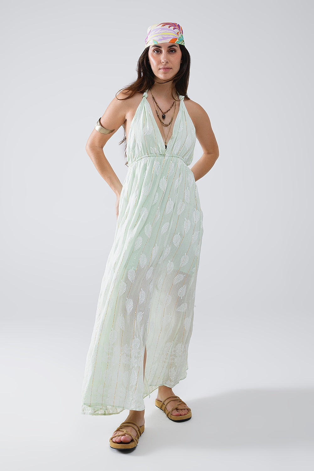 Midi halter dress in mint leaf print with lurex details | Just Cool Beans — dresses