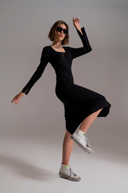 Midi knit dress with square neckline in black | Just Cool Beans — dresses