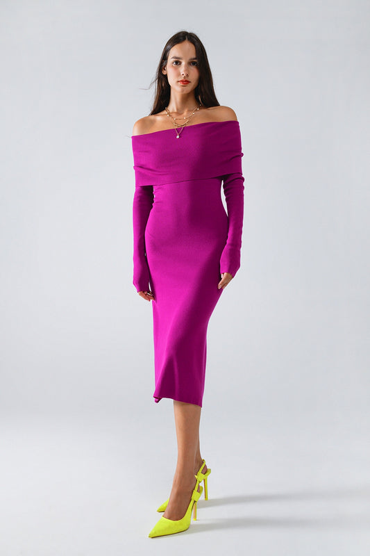 Midi knitted folover badot dress in magenta | Just Cool Beans — dresses