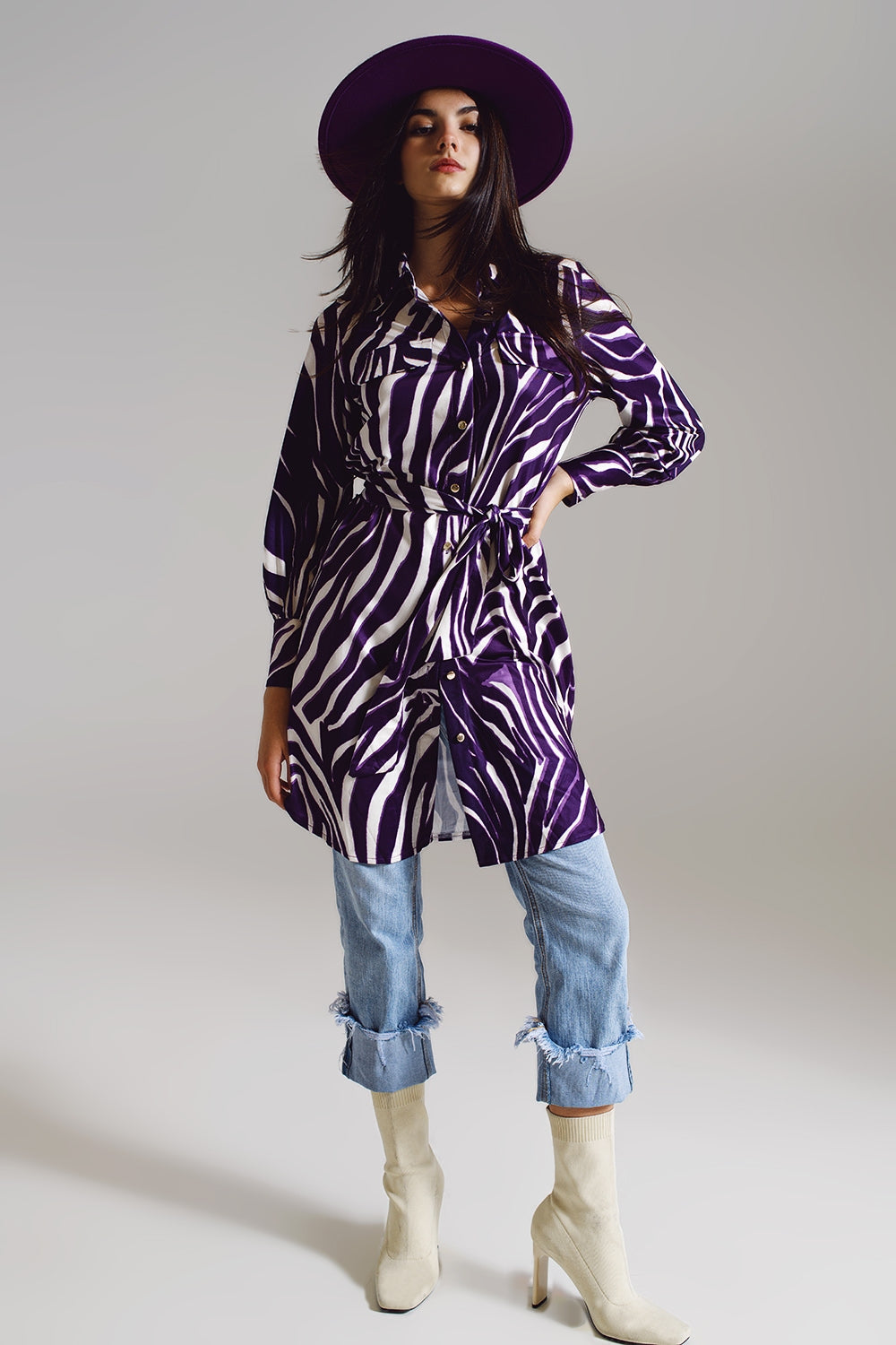 Midi short dress with zebra print in white and purple | Just Cool Beans — dresses | bottoms