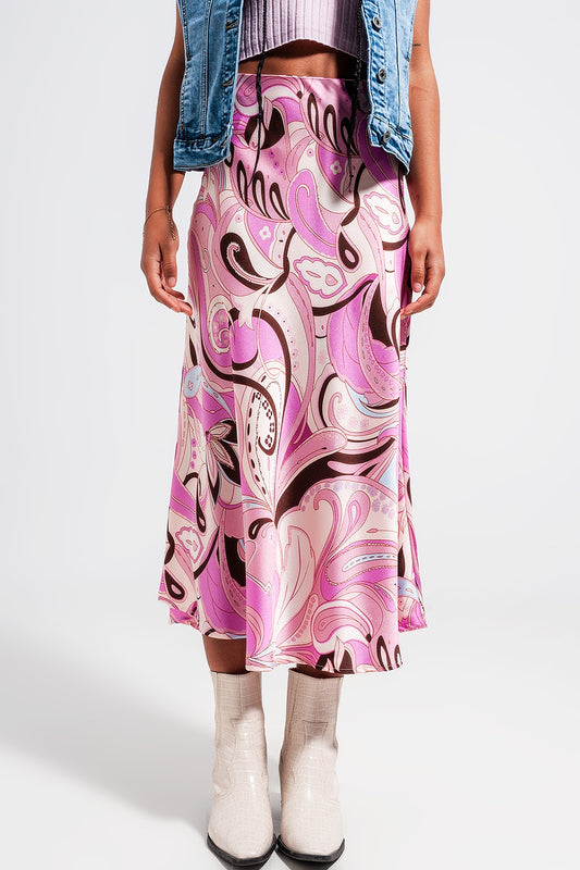Midi skirt in abstract print in pink | Just Cool Beans — skirts