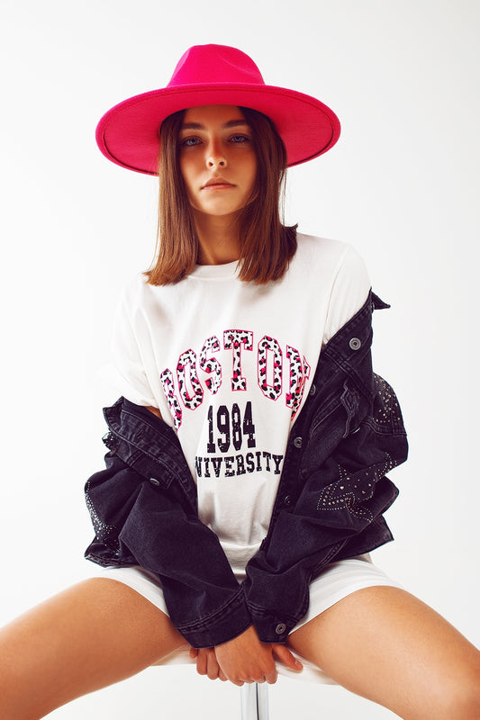 Midi t-shirt dress in white boston 1984 university | Just Cool Beans — dresses