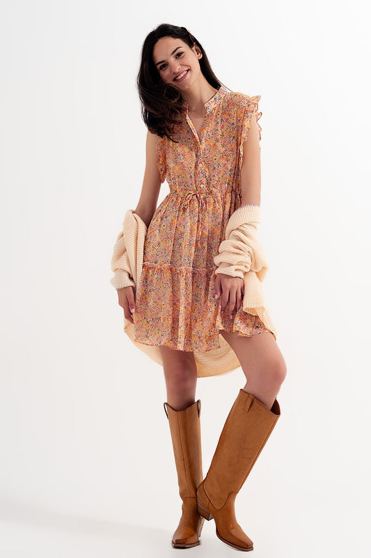 Mini dress with ruffle trims in vintage floral in coral | Just Cool Beans — dresses