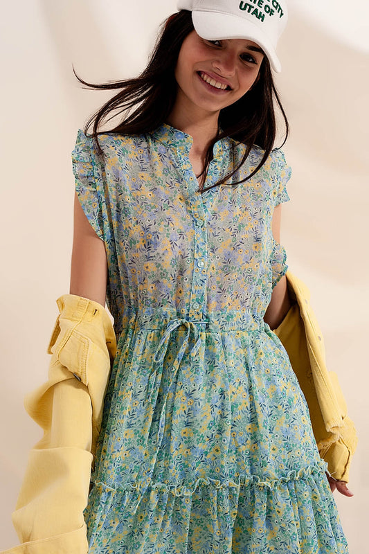 Mini dress with ruffle trims in vintage floral in green | Just Cool Beans — dresses
