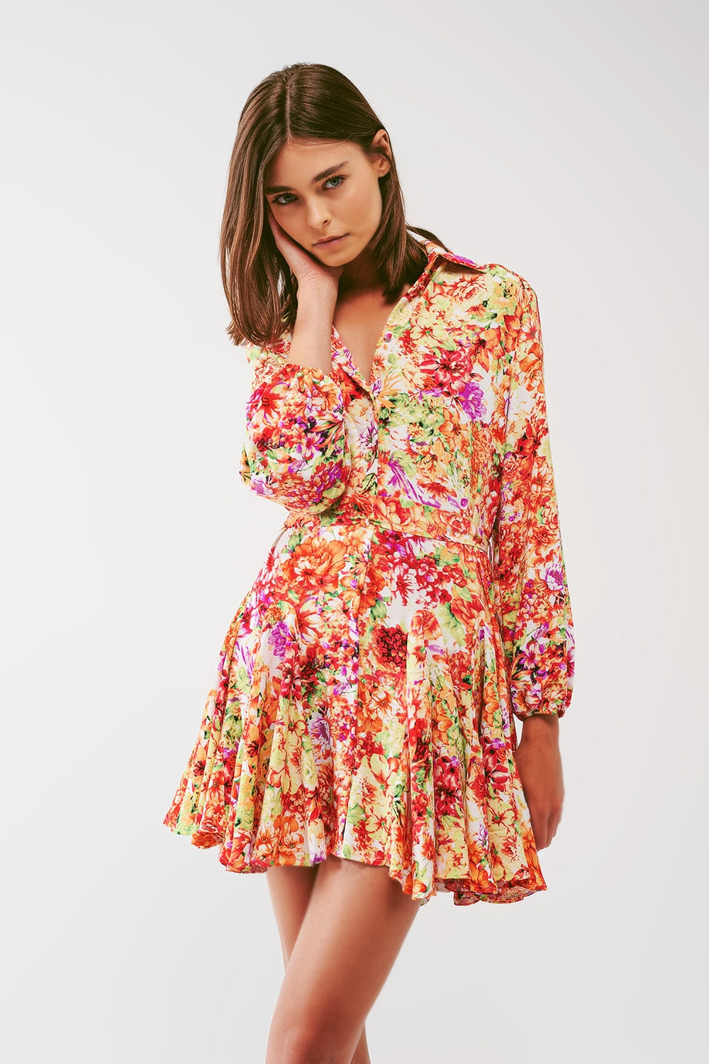 Mini dress with ruffles in multicolor floral print | Just Cool Beans — dresses