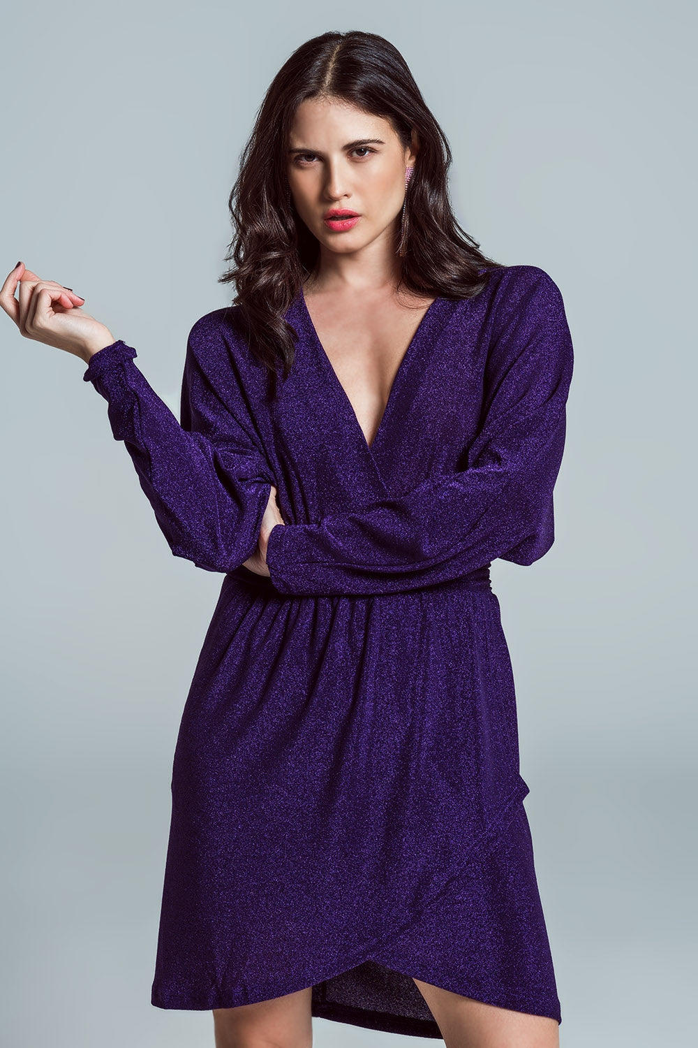 Mini length glitter dress with deep v neck in purple | Just Cool Beans — dresses