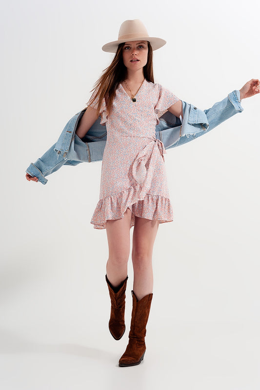 Mini wrap dress with frill hem in pink print | Just Cool Beans — dresses