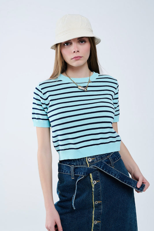 Mint green crop sweater with navy stripes | Just Cool Beans — sweaters | tops