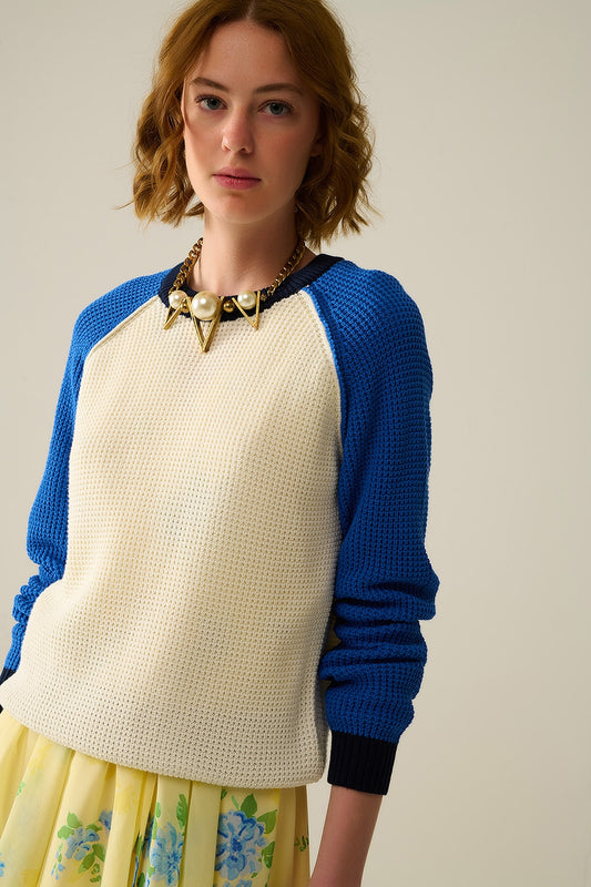 Moss stitch knitted sweater with contrasting sleeves in blue | Just Cool Beans — sweaters | tops