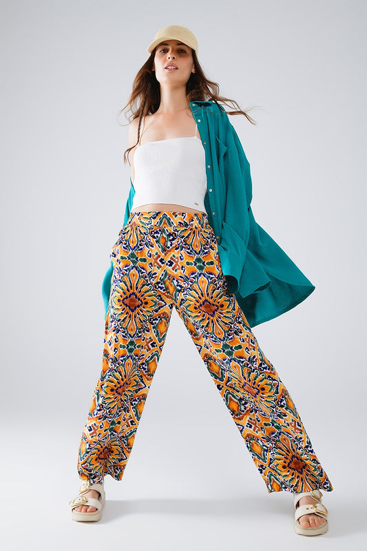 Multicolor pants with flower print in orange and blue | Just Cool Beans — pants | bottoms
